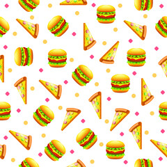 Seamless Pattern Abstract Elements Hamburger Cheeseburger And Pizza Fast Food Vector Design Style Background Illustration