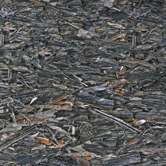 Old aged weathered oriented strand board OSB chipboard texture, grungy grey horizontal pattern, vertical rustic macro closeup, large detailed dark textured grunge ruined wooden background copy space
