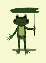 Cute cartoon frog holding a water lily leaf. Vector illustration