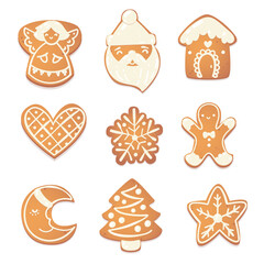 Gingerbread christmas cute cookies set. Biscuit charecters for new year design. Vector catroon illustration.