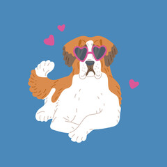 Saint bernard breed dog with glasses in shape heart a vector flat illustration