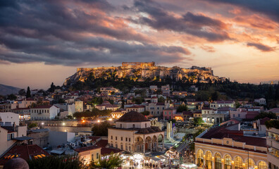 Fototapeta na wymiar Athens, Greece. Aerial panoramic view of Monastiraki square and the Acropolis at sunset,