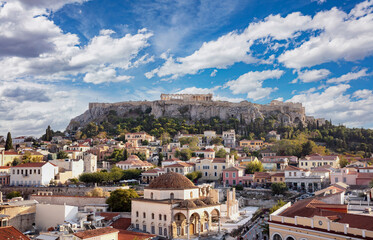 Fototapeta na wymiar Aerial panoramic view of Monastiraki square and the Acropolis in Athens, Greece.