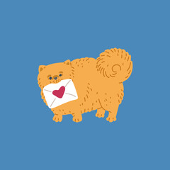 Lovely small dog or puppy with love letter flat vector illustration isolated.