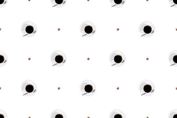 Cup of coffee seamless pattern. White cups with coffee on a bright colored background.
