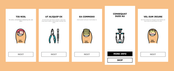 Ingrown Nail Disease Onboarding Mobile App Page Screen Vector. Psoriasis And Onychomycosis, Nail Dark Spots And Surgical Intervention Medical Therapy Illustrations