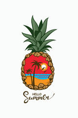 emblem of pineapple tropical fruit with sea, palm and seagulls