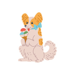 Dog breed papillon, cute pet animal holding horn with color balls of ice cream
