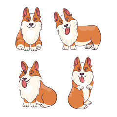 Collection of cute welsh corgi dog icons. Set of corgi dog stickers. Dog with tongue out.