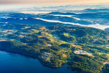 View from airplane to fjords in Norway