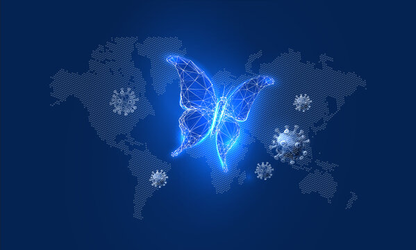 Transformation of butterfly in a futuristic polygonal style on a background of the world map. World crisis concept. Vector illustration of a glowing insect