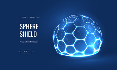 Energy shield geometric hexagon vector illustration on a blue background. Geometric translucent shield futuristic for protection in an abstract glowing style © Lagunova