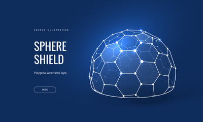 Dome shield geometric vector illustration on a blue background. Geometric translucent shield futuristic for protection in an abstract glowing style - obrazy, fototapety, plakaty