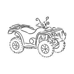 Hand drawn sketch of quad bike in black isolated on white background. Detailed vintage etching style drawing. atv vector sketch on white background