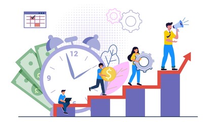 Career development concept People climbing up the stairs for the achievement and success Move up the motivation The way to achieve goal Flat vector illustration Business concept