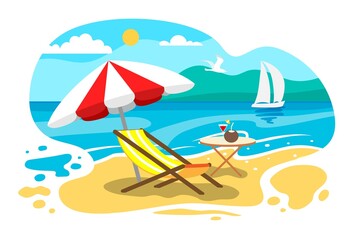 Fototapeta na wymiar Umbrella and sun lounger on the beach Seaside vacation Summer holiday Lounger on sea beach Landscape beautiful seascape Vector illustration