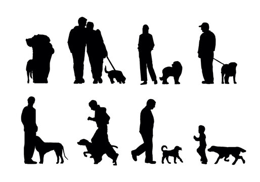 Silhouettes of people, who are walking with dogs. Men and women, father and son.