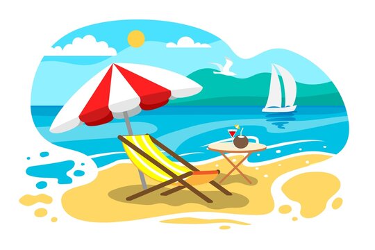 Umbrella and sun lounger on the beach Seaside vacation Summer holiday Lounger on sea beach Landscape beautiful seascape Vector illustration