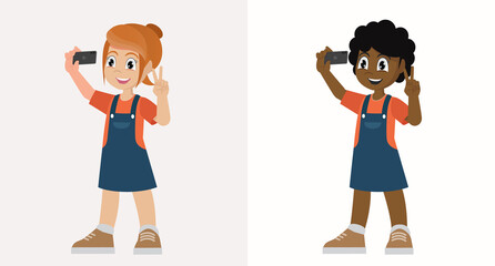 Set cute little kid girl pose and selfie in front of camera