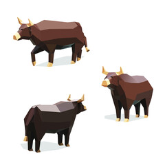 Vector low poly illustration of brown bull in strong pose.