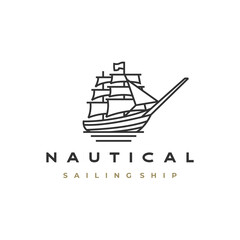 Vintage Retro Line art Sailing Ship Logo Design