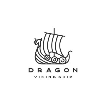 Line art Viking Ship Logo Design Vector