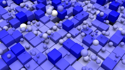 Diseño abstracto de esferas y cubos.  Ilustración geométrica tridimensional. Escena 3d minimalista con degradado. Modelo realista