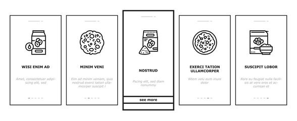 Oatmeal Nutrition Onboarding Mobile App Page Screen Vector. Oat And Flour Bag, Cookies And Milk, Bar And Oatmeal Porridge, Boiling And Cooked Breakfast Illustrations
