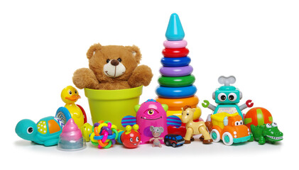 Many colorful toys isolated on white