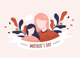 Happy mother's day vector illustration with mom and daughter in flat design. Pink and red. Eps 10