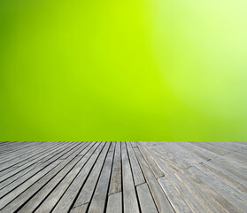 wooden table green blurred background
