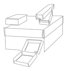 Set of boxes of different sizes. Stacked open and closed boxes. One line drawing illustration.