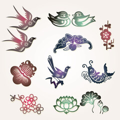 Traditional Chinese lucky symbols: Lovebirds, Mandarin ducks(Loyal love); Bat(Lucky); Plum flower(Good fortune); Goldfish(Abundant); Magpie(Happiness); Carp(Bright prospect); Lotus(Harmony)