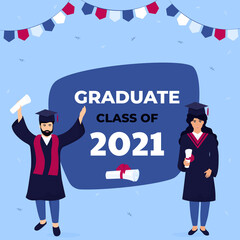 Graduation ceremony. Class of 2021. Greeting banner. Graduates celebrate completion of studies.