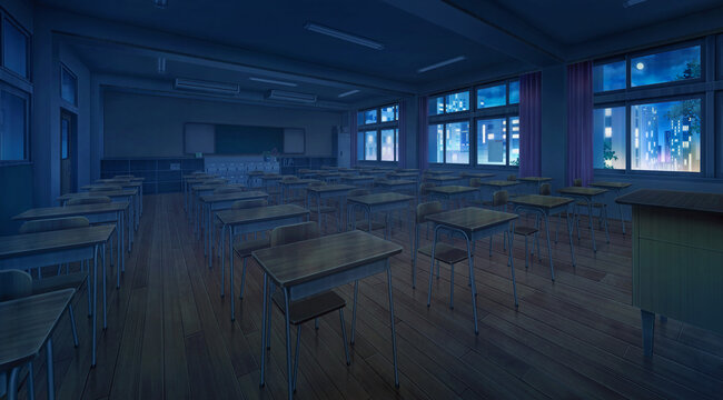 High school classroom in the Rain, Anime background, 2D