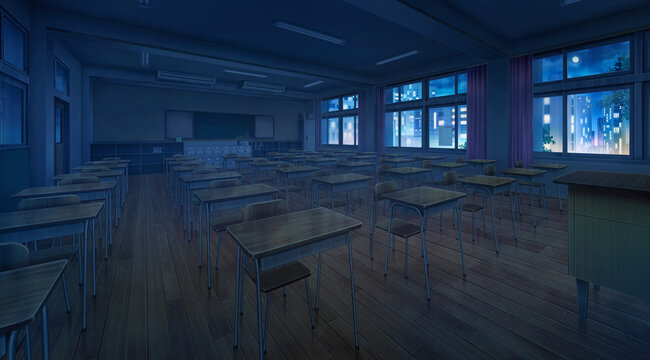 High school classroom in the Evening time, Anime background, 2D  illustration. Stock Illustration