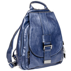 Women Mini dark blue leather backpack. Bag Front View with Shoulder Straps