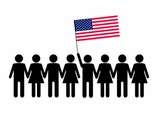 Fototapeta na wymiar Sketch of a crowd and a leader with the flag of USA. Protests concept. Vector illustration.
