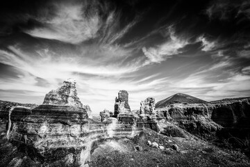 rocks in canyon, black and white photo