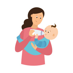 Care mom with love feeding newborn baby milk from bottle a vector illustration