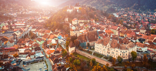 Panorama of colorful Sighisoara from drone