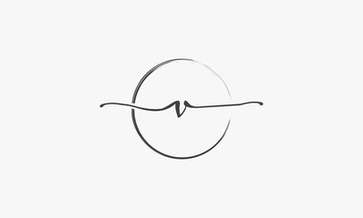 V handwritten logo with circle paint brush design vector.