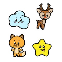 Cute cartoon baby cloud, star, kitten and spotted deer color variation for coloring page isolated on white background