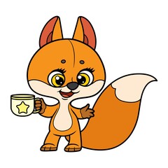 Cute cartoon baby fox holding a cup in pawscolor variation for coloring page isolated on white background