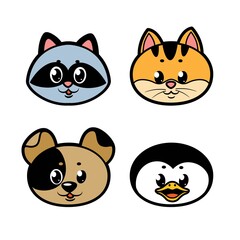 Cute cartoon kitten, puppy, penguin, raccoon color variation for coloring page isolated on white background
