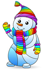 A stained glass-style illustration with a cute cartoon snowman, isolated on a white background