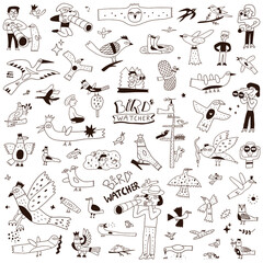 
birdwatching,birds - doodles set,hand drawn illustration