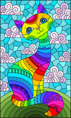 Stained glass illustration with a rainbow cartoon cat against a blue sky with clouds, rectangular image