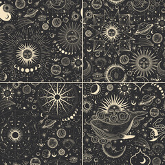 Vector illustration set of moon phases. Different stages of moonlight activity in vintage engraving style. Zodiac Signs, shining crystals, female hand