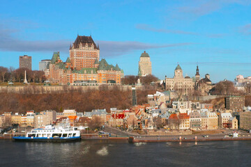Quebec City skyline and ferry from drone in spring, Canada